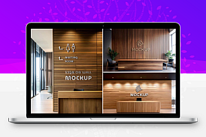 标志Logo木头质背景墙文字指示室内导引PS样机贴图设计模板素材12款